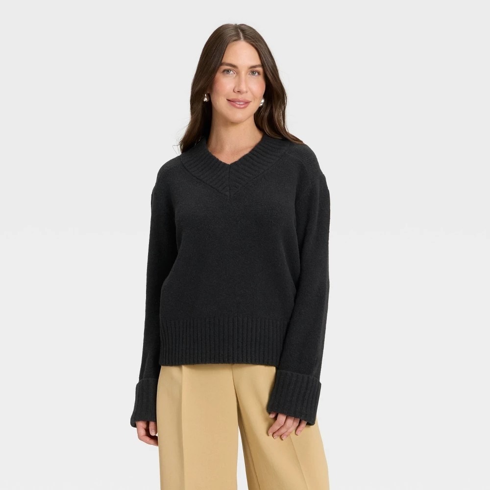 A New Day Women Black Cozy Knit V-Neck Boxy Pullover Sweater XL 018 13 6553